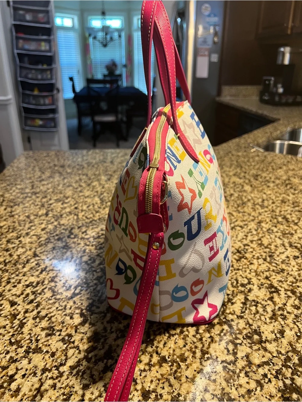 Dooney & Bourke Multicolor Logo Satchel with Pink Trim and Handles - Picture 4 of 6